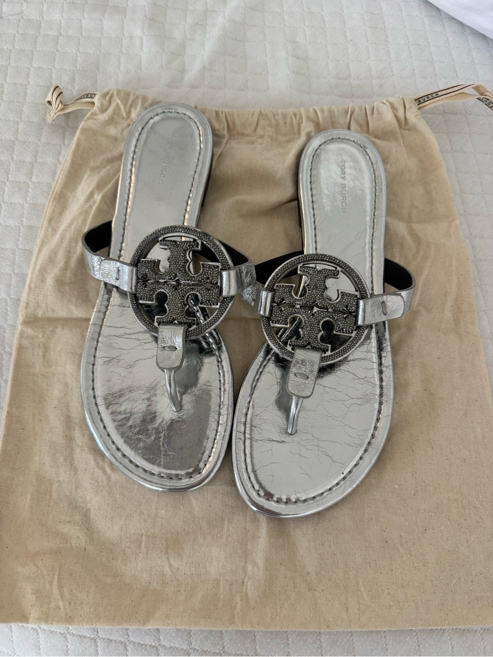 Tory Burch Metallic Silver Logo Thong Sandals with Black Back Strap